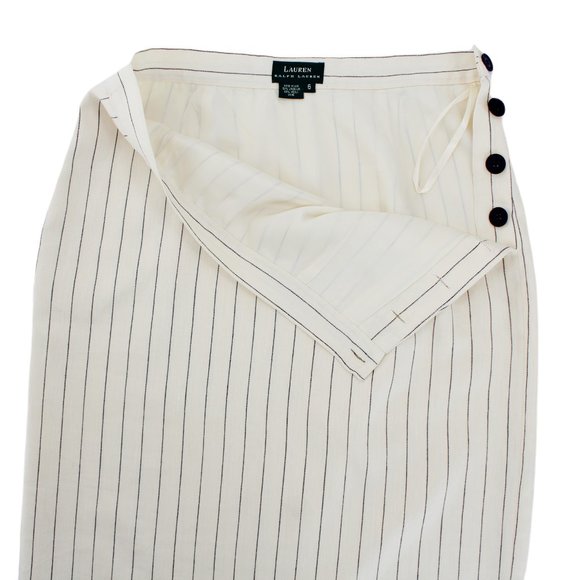 Ralph Lauren Linen Wool Straight Skirt Side Buttons Navy Cream Stripe - Picture 7 of 9